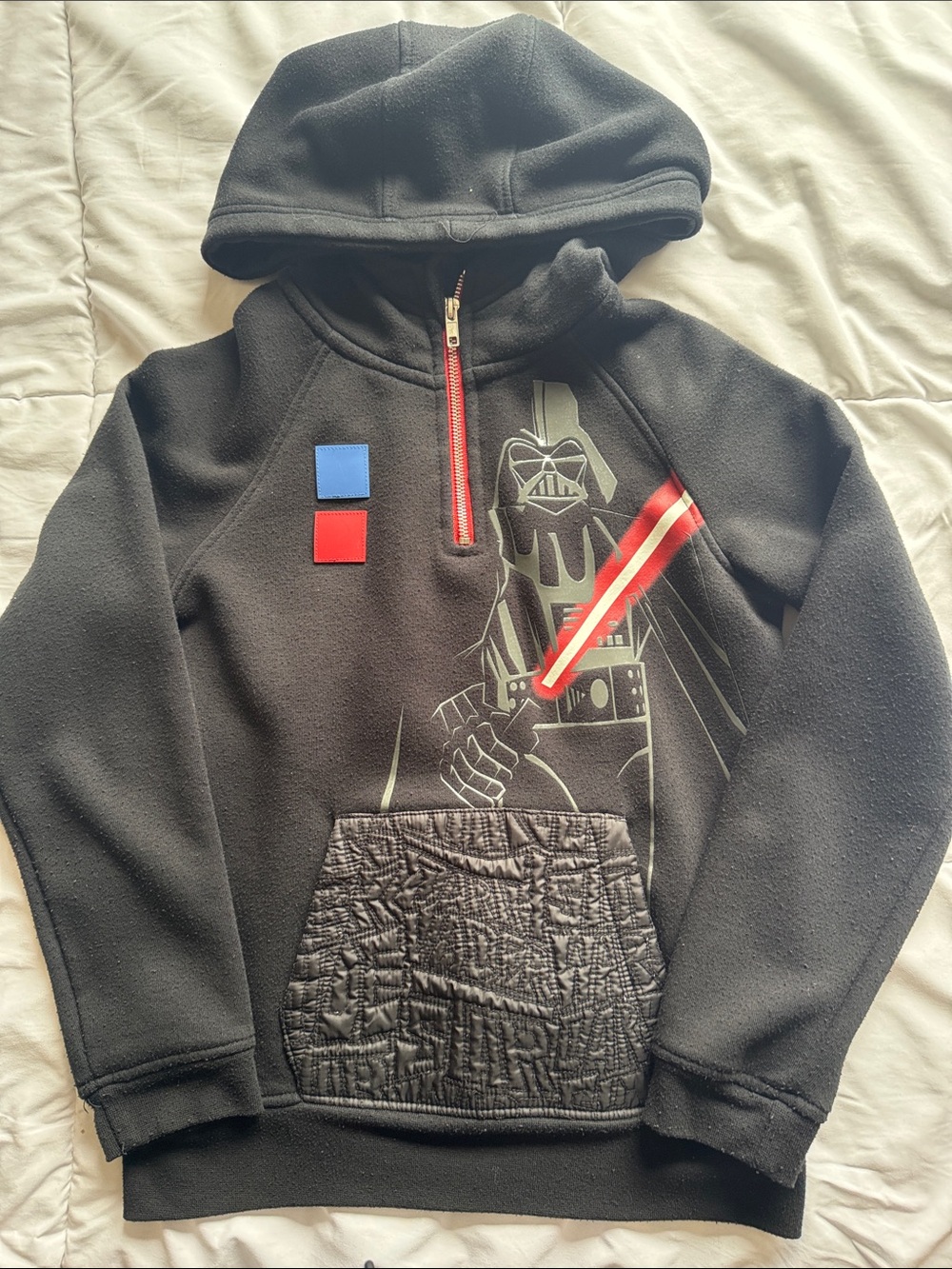 Star Wars Black Hoodie with Red Lightsaber and Blue/Red Patch size 9/10 boys